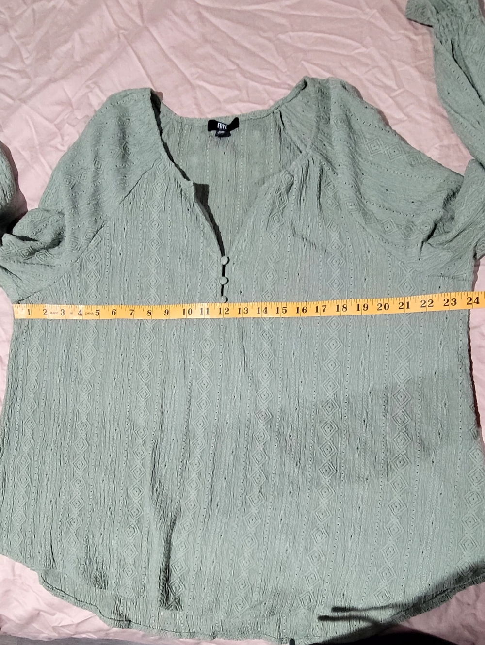 Frye Sage Green Textured Peasant Blouse XXL Boho Button Front Long Sleeve Top - Picture 9 of 10